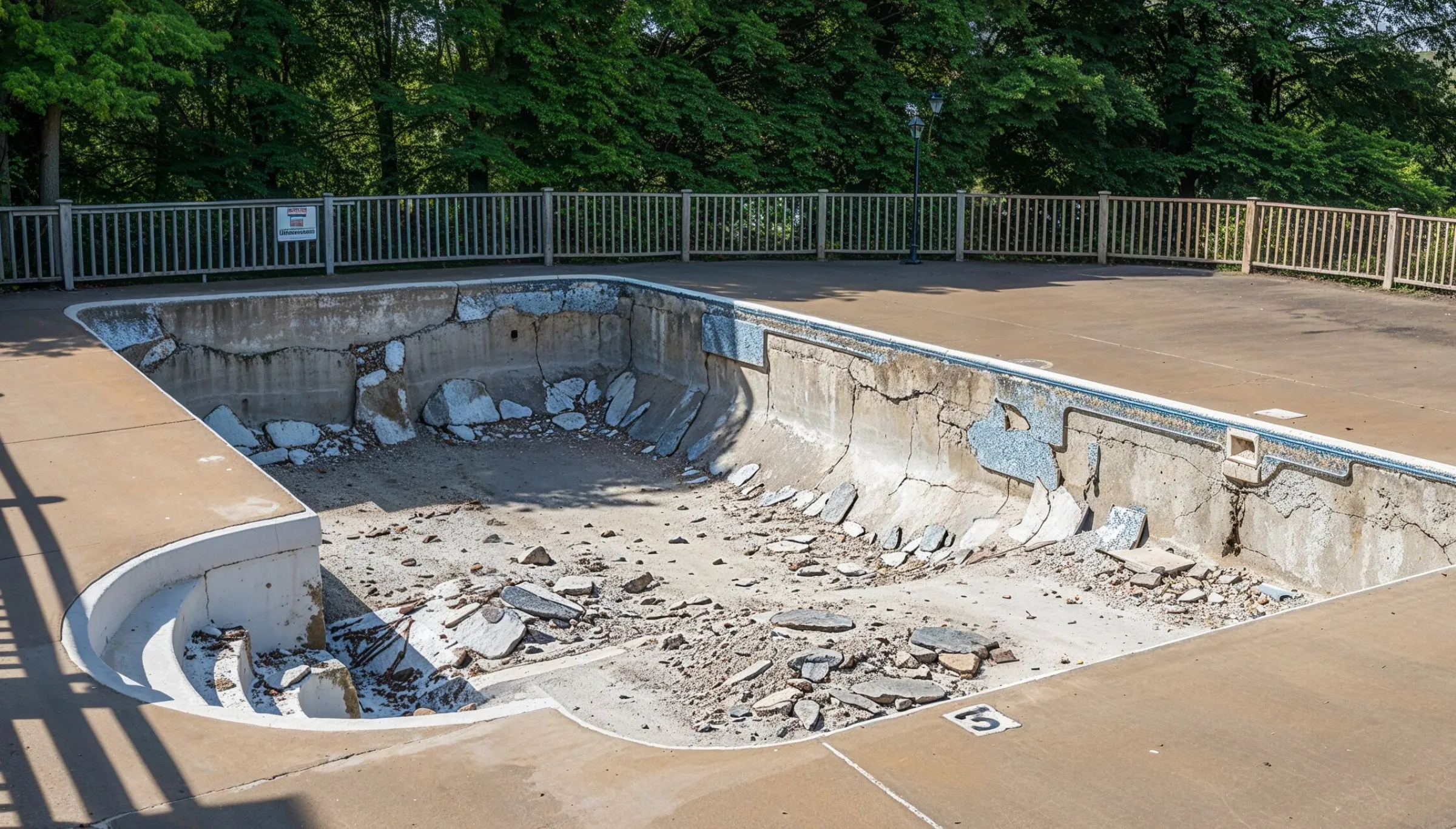 Pool demolition project in Dallas TX showing stripped concrete shell prepared for full removal