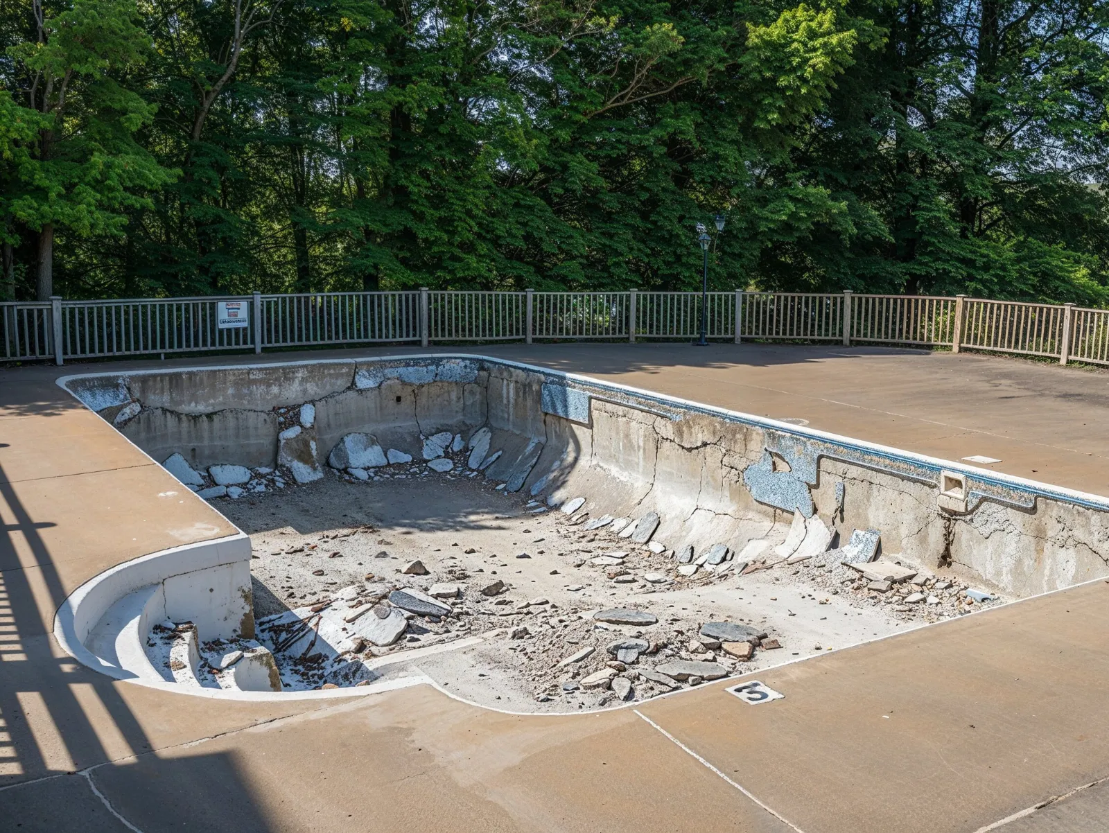 Pool demolition and removal project in Dallas TX showing broken pool shell and stripped surface ready for full removal
